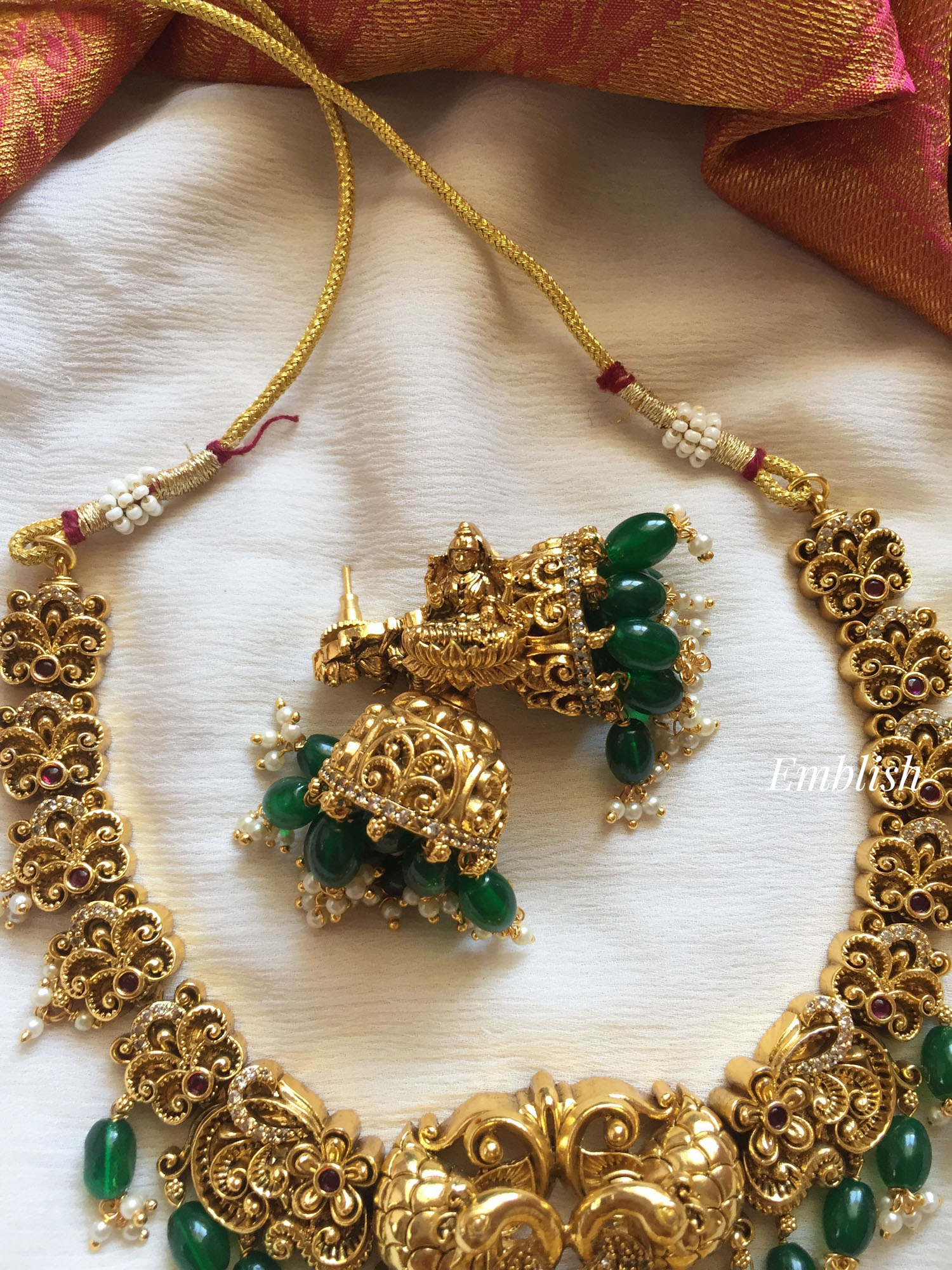 Antique 3D Lakshmi with Double Peacock Short Neckpiece - Green Beads